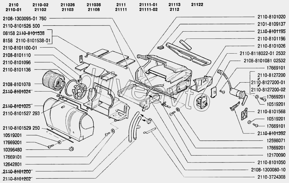 Отопитель ВАЗ-2110 (Чертеж № 60: список деталей, стоимость запчастей). Каталог 2