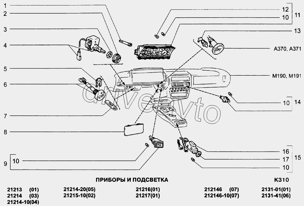 Приборы ВАЗ-2131 (NIVA) (Чертеж № 230: список деталей, стоимость запчастей)