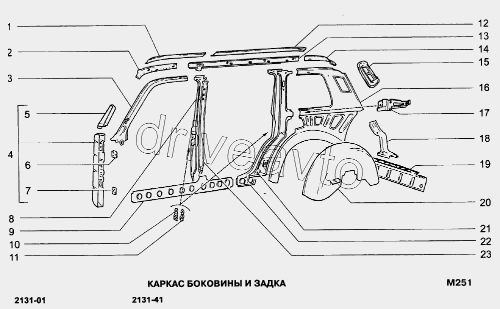 Каркас боковины и задка ВАЗ-21213-214i (NIVA) (Чертеж № 8: список деталей, стоим