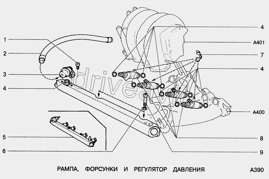 Рампа, форсунки и регулятор давления