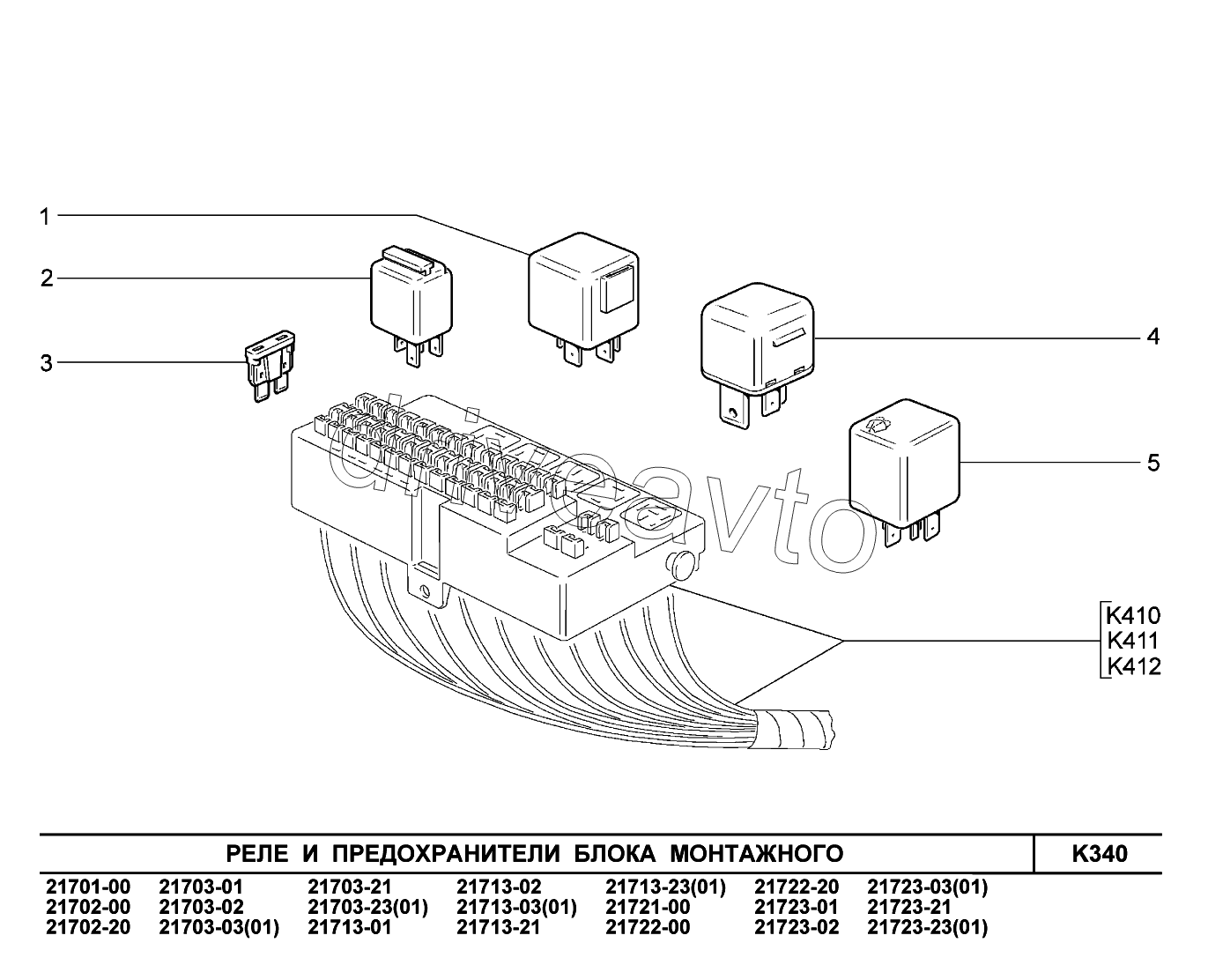 K340. Реле и предохранители монтажного блока