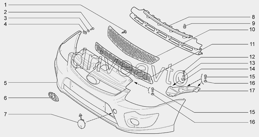 Передний бампер приора схема