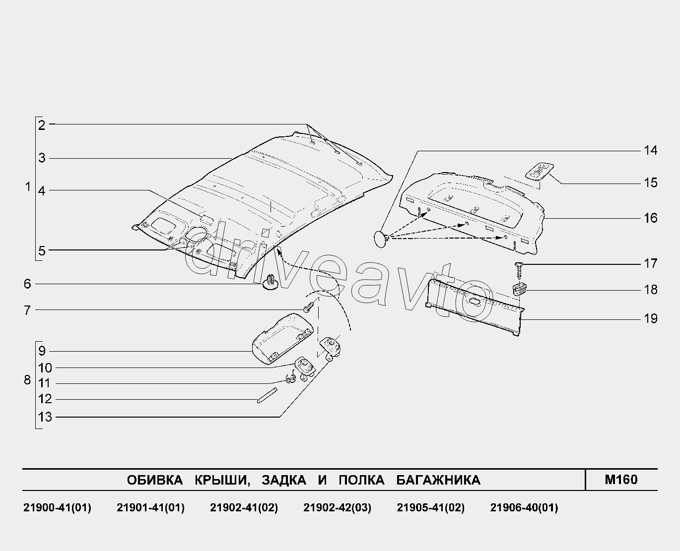 M160. Обивка крыши, задка и полки багажника