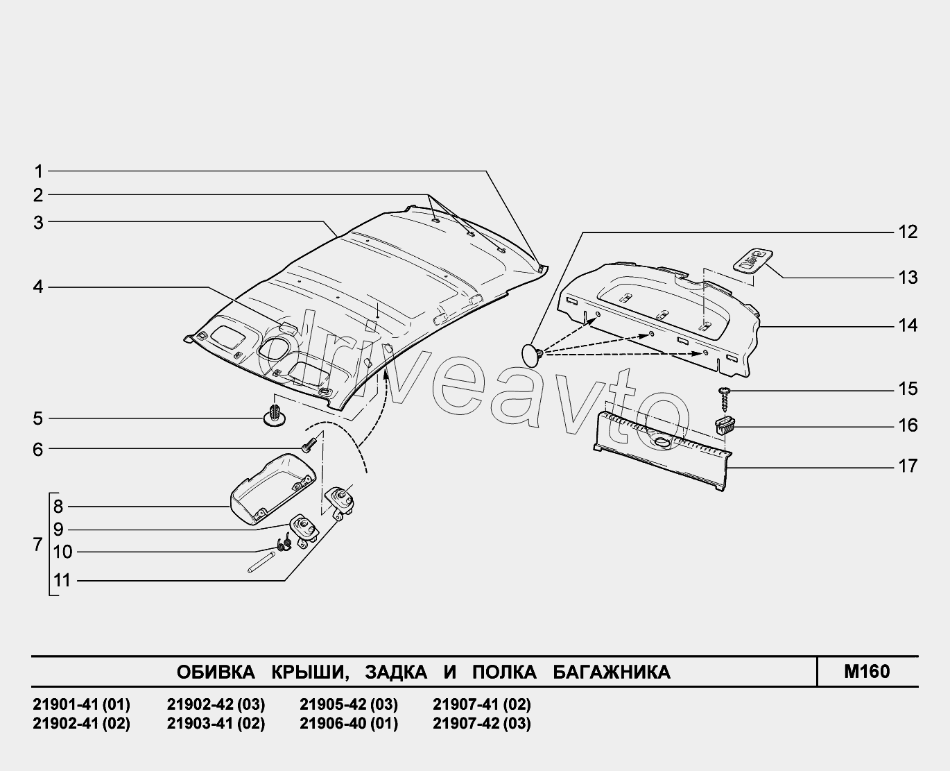 M160. Обивка крыши, задка и полки багажника